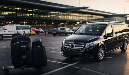 Luxury Luton Airport taxi waiting outside the terminal for passenger pickup